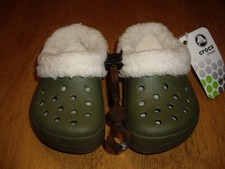 NEW Child Size C 6-7 Crocs Mammoth Kids Slip On Army Green w Fuzzy Lining TWINS