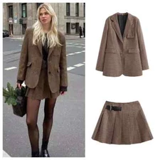 Loose fitting suit jacket pleated skirt long pants two-piece set