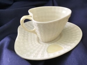 vintage BELLEEK heart shape CUP & SAUCER SET gold 1980-1992 hallmark EXCELLENT!