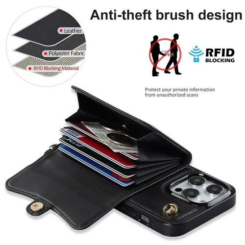 Leather Crossbody Card Wallet Phone Case For iPhone 11 12 13 14 Samsung S22 S23 - Picture 8 of 30