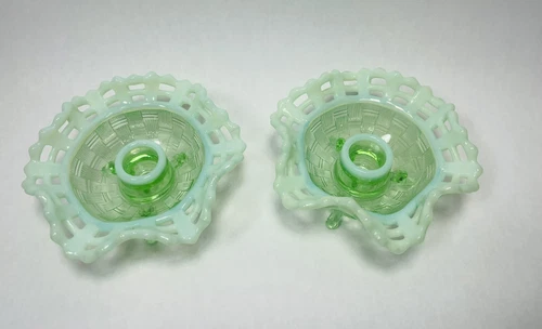 Vtg Pair Fenton Green Opalescent Uranium Glass Basket Weave Candle Holders Glows
