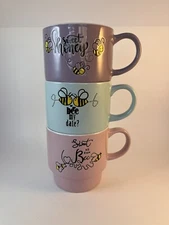 Signatue Bee Mugs set of 3.  Stoneware dishwasher and microwave safe.  
