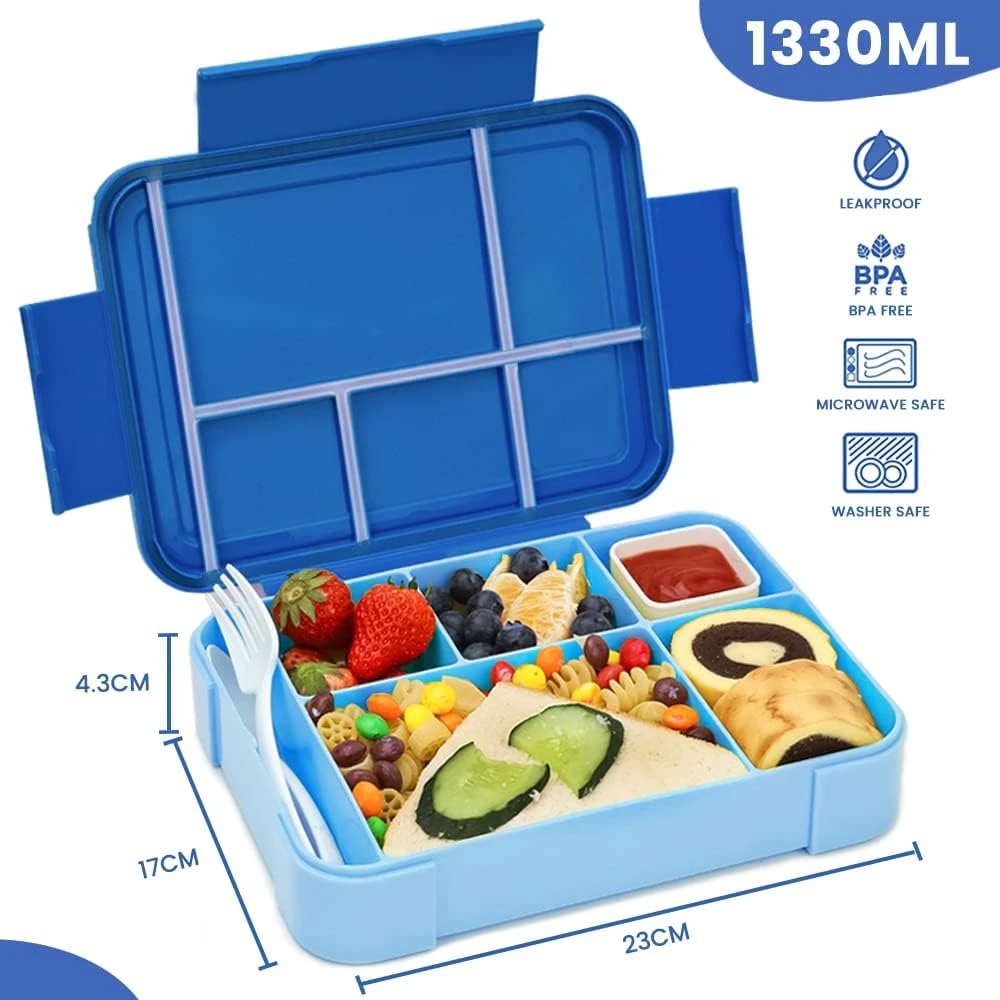 Bugucat Bento Lunch Box,45Oz Leak-Proof Bento Box Adult with 6 Compartments Cutl
