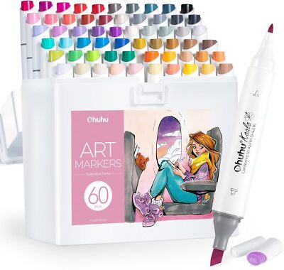Ohuhu Alcohol Markers 60 Colors Slim Broad & Fine Illustration Tones- Refillable