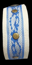 Handmade Blue Lace W/Bronze Studs White Genuine Leather Cuff Bracelet 8.25" Boho