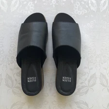 Eileen Fisher Koha Tumbled Black Leather Wedge Sandals Shoes Women’s Size 7