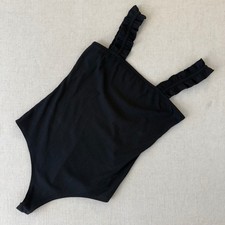 Simply Southern Womens Black Ribbed Ruffle Strap Bodice Bodysuit Small