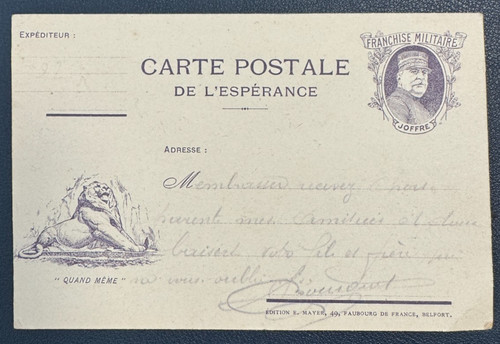 WW1 - Carte Postale de l'Esperance / Lion "Quand Meme" /Franchise Militaire 1916