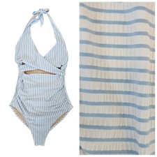 Old Navy Seersucker Blue/White Striped Crossover Cutout One Piece Swimsuit M
