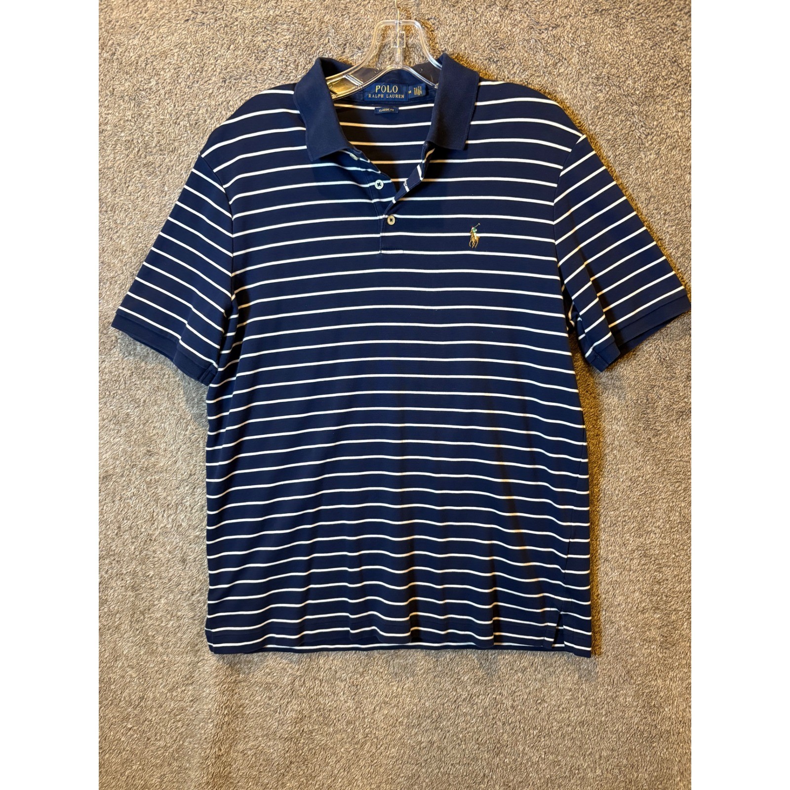 Polo Ralph Lauren Mens Classic Fit Striped Polo Shirt Navy Blue White Size M