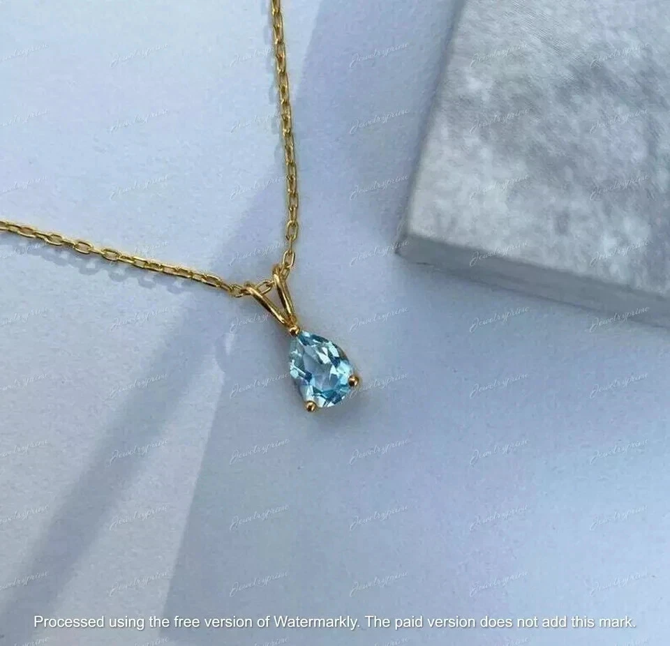 Collar Colgante Solitario Aguamarina Corte Pera 3.00CT Chapado en Oro Amarillo 18" 14K Foto 2 de 2