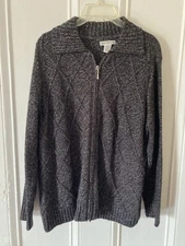 Rebecca Malone Women’s XL Sweater Zip Front Collared Gray & Black Stretch Warm!