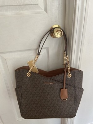 Michael Kors Jet Set Travel Brown Signature Leather Chain Tote Shoulder Bag