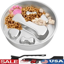 2 In 1 Slow Feeder Bowl Dogs Stainless Steel Non Slip Easy Clean Dog Dish New