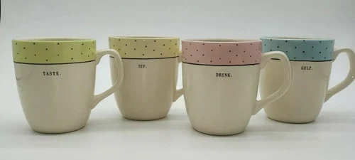 Rae Dunn by MAGENTA~Pastel Polka Dot Border~Set of 4 Mugs~NEW~ RARE~ VHTF