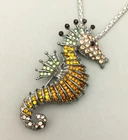 Multi-Color Crystal Rhinestone Seahorse Pendant Long Necklace/Brooch