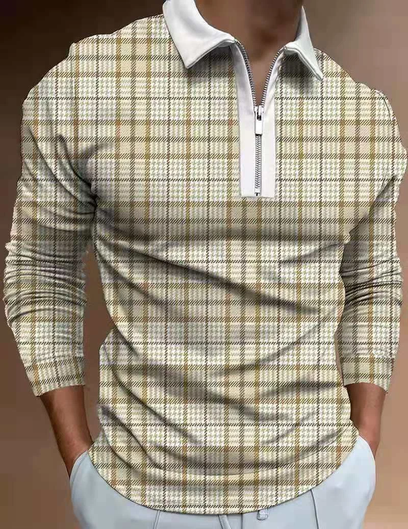 Polo Shirt Men Zipper Collar Long Sleeve Plaid Yellow White Golf Dress T-Shirt