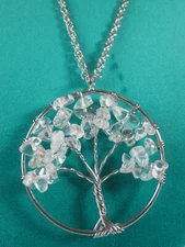 Silver Tone Tree of Life Pendant Necklace 20" Silver Plated / Clear Gemstone 1N 