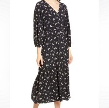 CHELSEA 28 Womens Dress Small Boho Smock Midi Leaf Floral Black 3/4 Sleeves