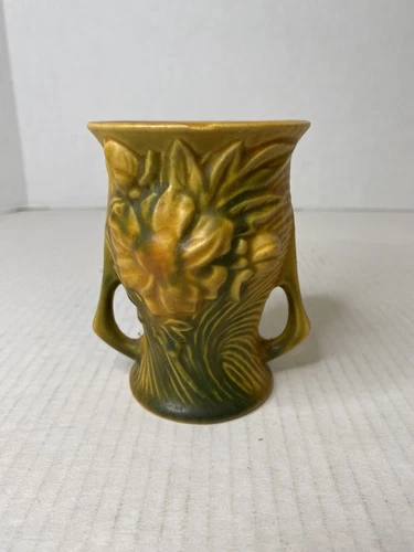 Vintage Roseville Pottery USA 57-4 Yellow Green Peony Small Two Handled Vase MCM