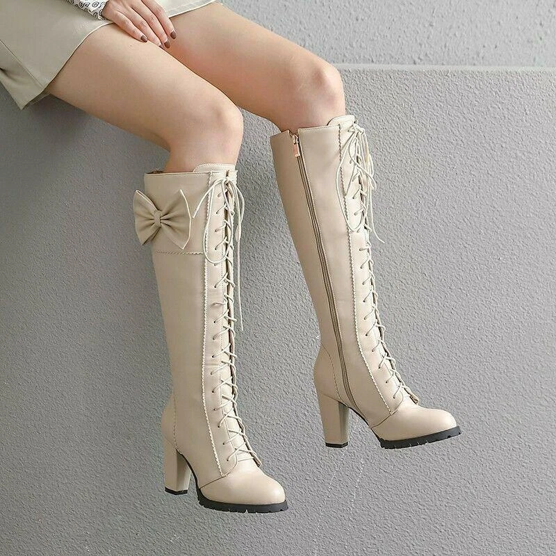 Womens Gothic Block Heel Mid Calf Knee High Boots Punk Side Zip Lolita Round Toe - Image 2 of 4