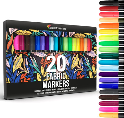 Zenacolor 20 Fabric Markers Pens Set - Indelible and Permanent Fabric Paint Fine