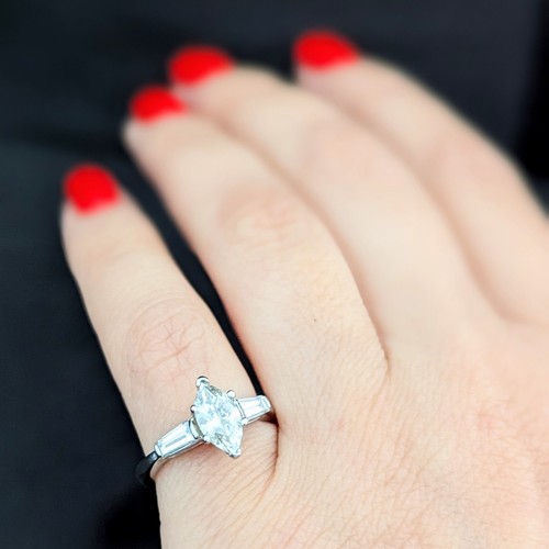 1950s GIA Marquise Cut Diamond Baguette Platinum Engagement Ring Vintage Estate - Picture 7 of 13
