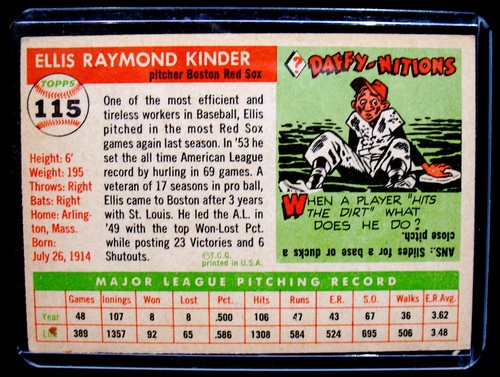 1955 Topps ELLIS KINDER #115 Baseball Card-VG/EX Condition-BOSTON RED SOX - Picture 2 of 2