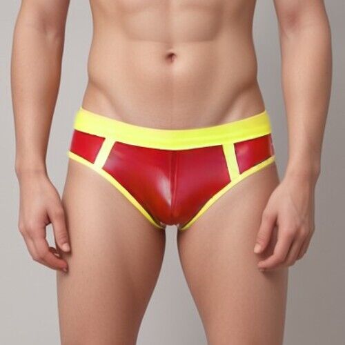 Herren Rubber Slip Latex Unterwäsche, Kontrastfarben rot und gelb - Bild 1 von 1