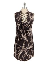 30370 Michael Kors Bamboo Lace Up Shift Linen Dress Brown size 6 retro summer