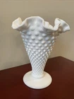 Vintage Fenton Hobnail Milk Glass Ruffled Trumpet 7.5” Vase MCM #3958