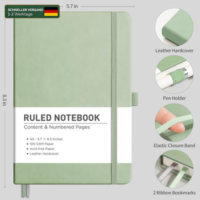 Notizbuch A5 Dotted Hardcover 100g/m² 192 Seiten Bullet-Dot-Journal Hellgrün