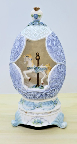 Blue Floral Egg Easter Music Box Carousel Horse Resin Vintage Panoramic TESTED