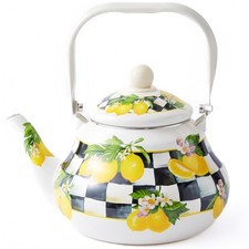 Checkered Tea Kettle with Lemon Pattern – 2 Quart Enamel Stovetop Teapot for ...