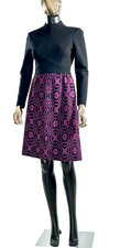 VTG 60   Women"s Black Long Sleeve Dress Pink and Black Geometric Skirt Mod