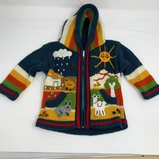 Kids Hand Sewn Alpaca Size 2-3 Folk Art Unisex Zippered Hooded Sweater.