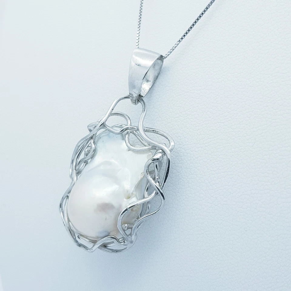 PERLA CIONDOLO ARGENTO RODIATO ORO PENDENTE BAROCCA 51 CARATI - Immagine 3 di 3