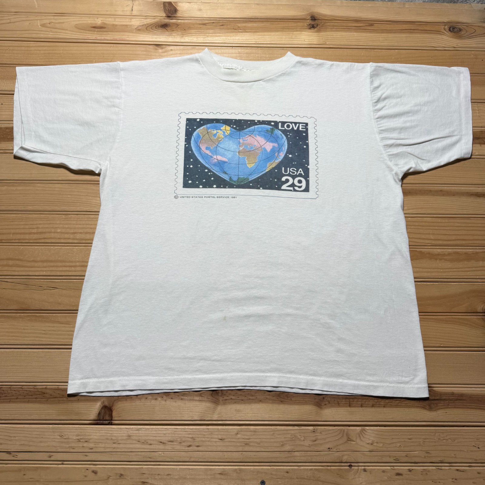 Vintage 1991 USPS Love Stamp Heart Earth World Single Stitch Graphic T-Shirt XL