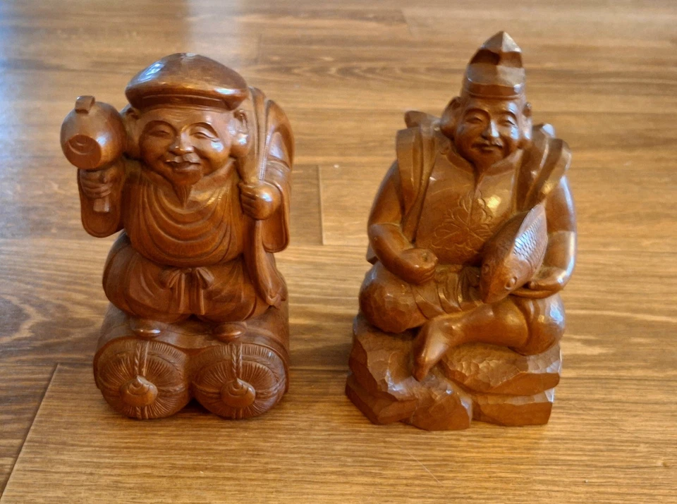 Pair Japanese Wooden Meji Period Kitchen Gods, Daikoku & Ebisu! Signed Toko!! - Image 2 of 4