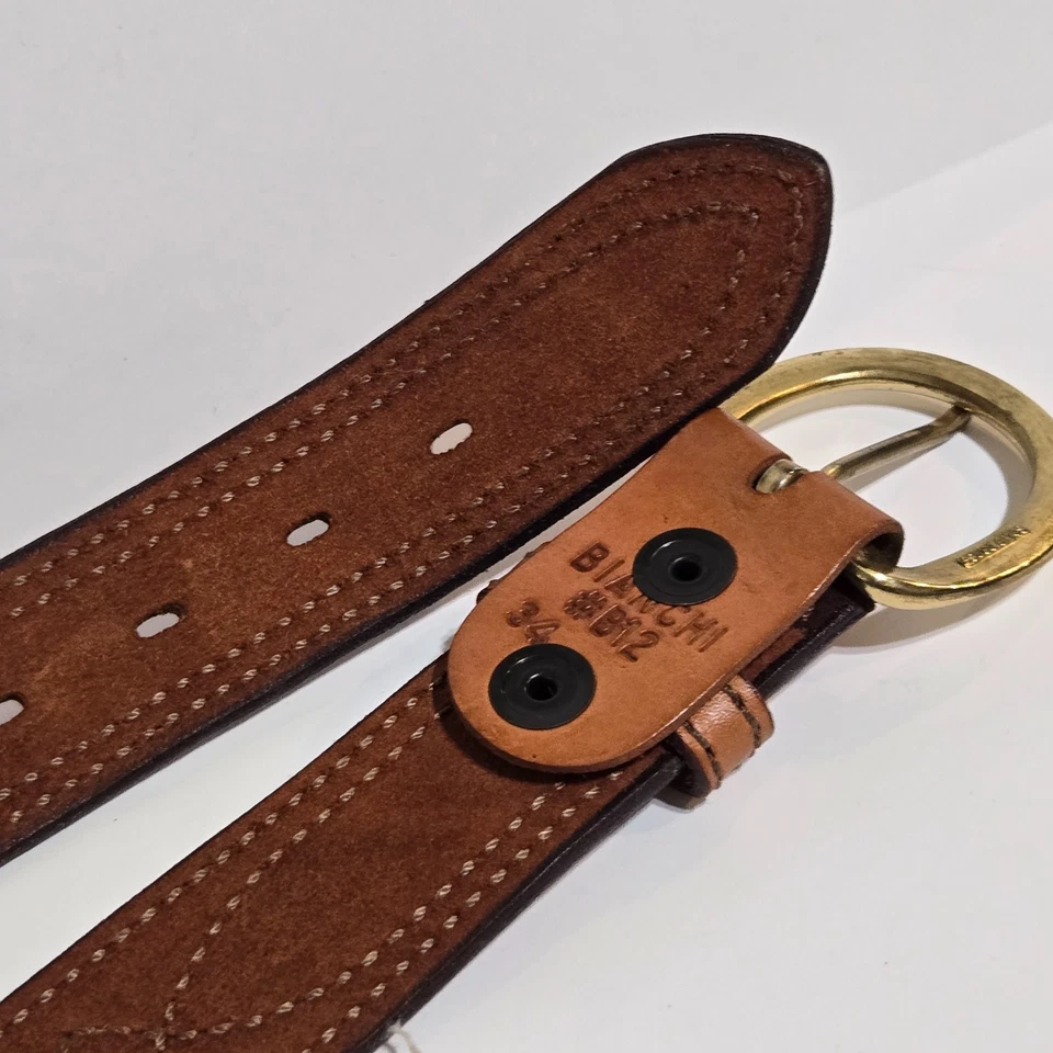Bianchi B12 Sz 34 Reversible Stitched Leather + Suede Western Belt Brass Buckle - Image 4 of 4
