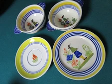 Henriot Quimper France He Decor 4 Pcs Setting Plates And Soup Bowls  
