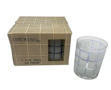 Vintage Glass Cups Set of 4 Double Old Fashion Blue & White Square 14 oz NOS