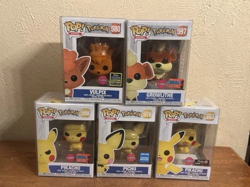 Flocked Pokémon Funko Pop Lot of 5 in Cases EUC Pikachu-Vulpix-Growlithe