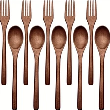 10pcs Wooden Spoon and Fork Set–Teak Wood Utensils for Eating, Serving, Cooking