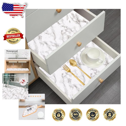 Versatile Non-Adhesive Shelf Liner - Stylish White Marble for Kitchen and Office