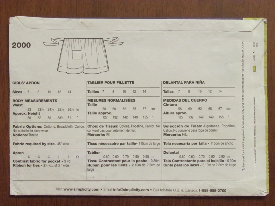 SIMPLICITY PATTERN SEW SIMPLE - 2000 GIRLS' WAIST APRON TIES POCKET 7-14 UNCUT - Image 2 of 2
