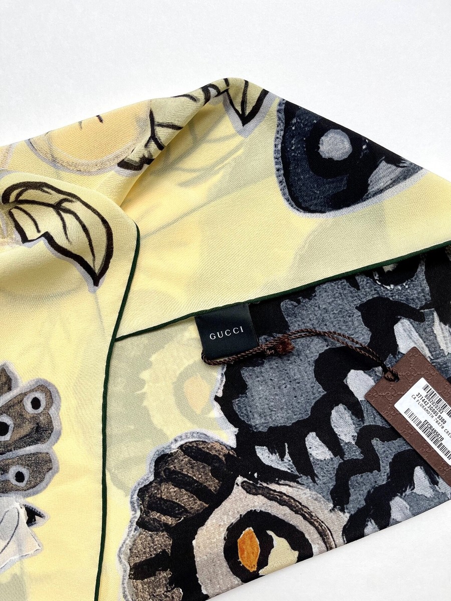 New Gucci Logo Floral Yellow Scarf with Gucci Gift Box Gucci Iconic Yellow Border Lattice Floral Printed Square  main image 4