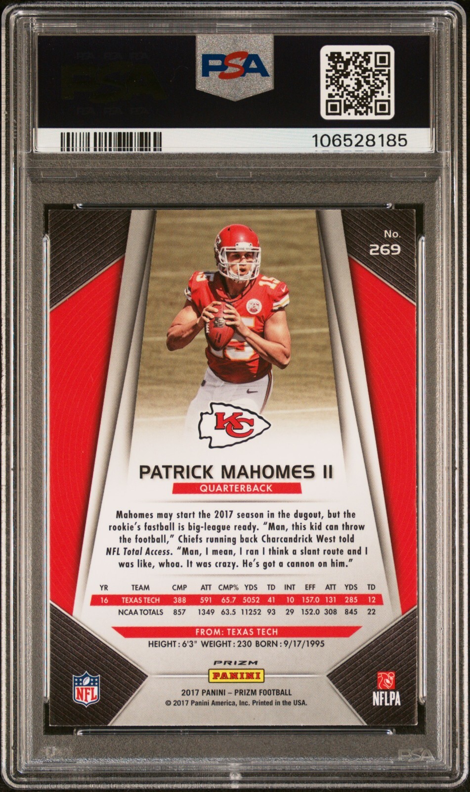 PATRICK MAHOMES SIGNED 2017 PANINI SILVER PRIZM ROOKIE #269 RC PSA 8 AUTO 10 view 2