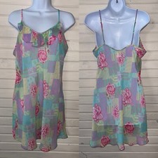 Josie Natori Sz LARGE Ruffled Neck Floral Chiffon Chemise Slip Nightgown EUC