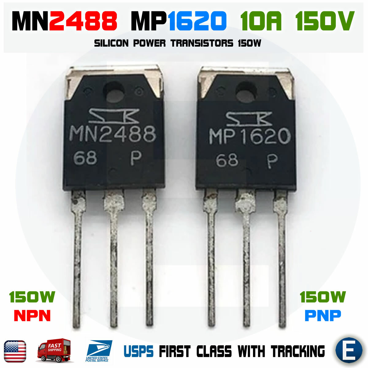 MN2488 + MP1620 Pair Power Transistors 150W 10A 150V NPN PNP to3